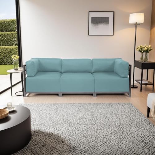 Image of Howard Elliott Collection Axis 4-Piece Modular Sectional Sofa with Cover, Convertible Cushioned Sofa with Wide Chaise for Indoor or Outdoor Living Room or Office, Titanium Frame, Sterling Breeze
