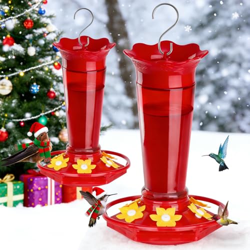 Gbekery 10 OZ Glass Hummingbird Feeders for Outdoors Hanging - Red 2 Pack, Ant & Bee Proof and 6 Feeding Ports, Garden Yard Décor Gifts for Mom