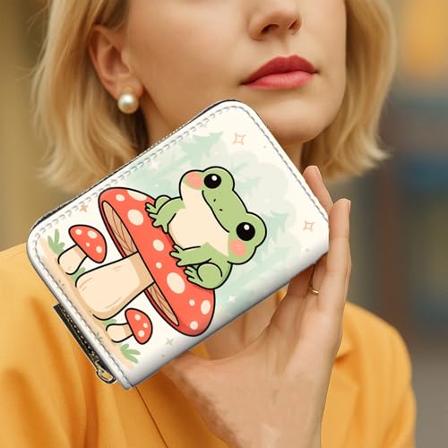 Mini Card Holder Wallet for Women, Small Zipper Credit Card Case with RFID Blocking, Compact PU Leather Accordion Card Organizer for Girls, Cute Pattern Women Wallet Purse, Kawaii Frog4