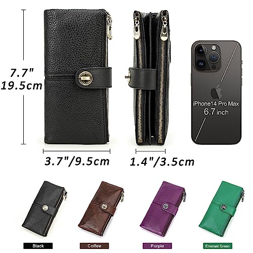Image of Contacts Turnlock Wallet for Women Leather Airtag Purse Zipper Phone Holder Rfid Bifold Clutch, Black, Minimalist