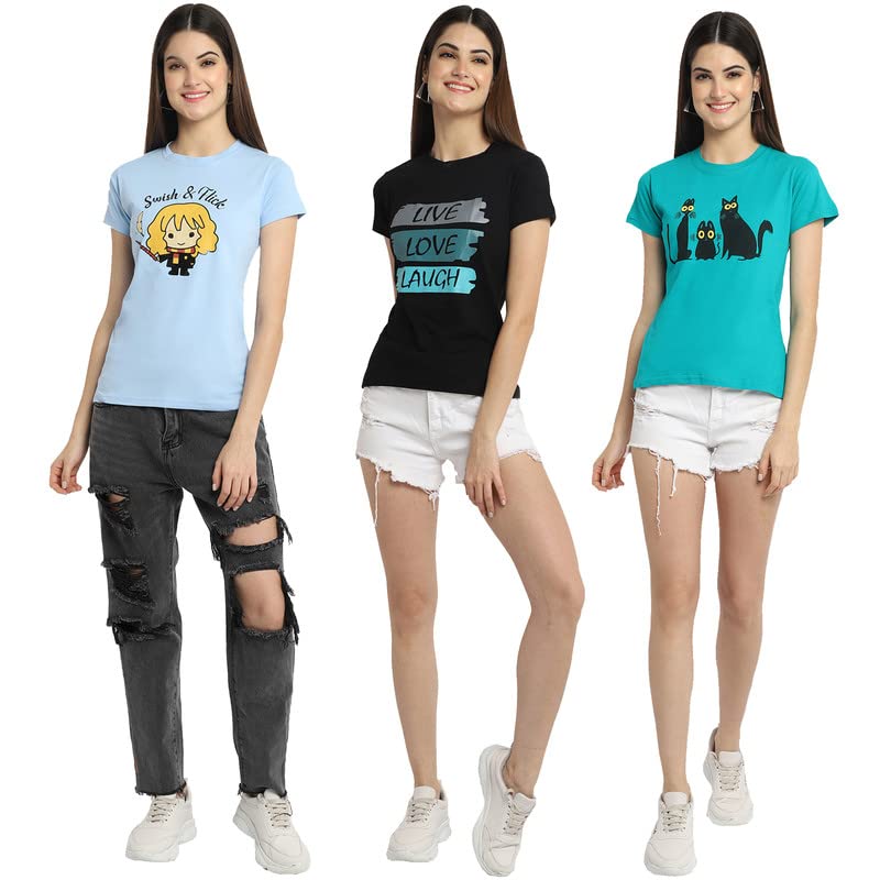 Image of Preneum Women's Cotton Regular Fit Graphic Stylish Printed Short Sleeves Casual T-Shirt || Trend & Style (Pack 3)