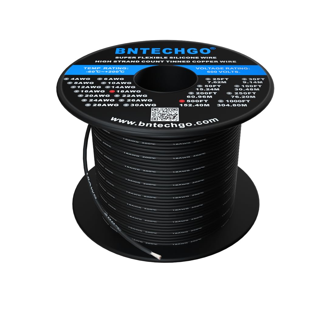 BNTECHGO 18 Gauge Silikondrahtspule, 152,4 m, schwarz, flexibel, 18 AWG, verzinnter Kupferdraht