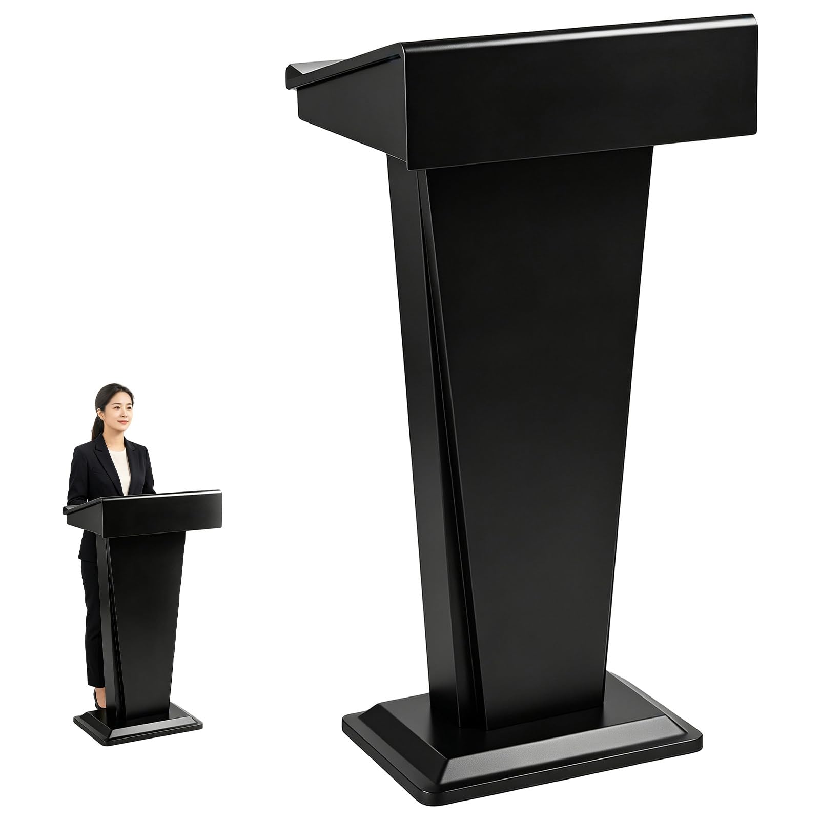 KRYANFEN Modern Floor Standing Lectern, Speech Podium with Storage Black