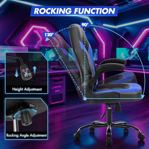 Image of Sweetcrispy Computer Video Game Desk Chair: Ergonomic Comfy Lumbar Support, PU Leather with Flip-up Armrest, Height Adjustable and 360 Swivel, for Adults, Black Blue