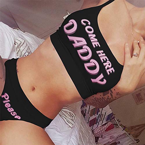 Sexy Women Come Here Daddy Please Print Strappy Lingerie Set 2Pcs See Tank Tops And Panty Sets Pajamas Sleepwear (Black, M) #TOP2