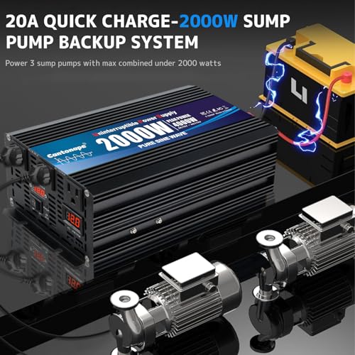 Image of Cantonape 2000W Sump Pump Backup Battery System, Automatic Switching to Battery Inverter Power, Professional Backup System in Case of Power Failure, Pure Sine Wave Output