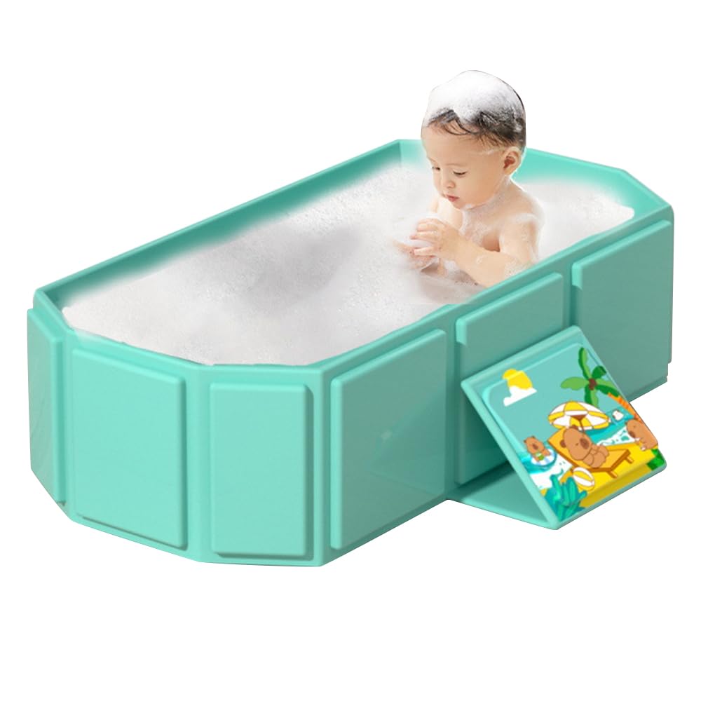 RNPKZ Foldable Bathtub for Children, Collapsible Toddler Bath Tub, Foldable Baby Bath for Ages 0-8, Portable Folding Baby Bath Tub with Drain Plug, All-in-One Design, for Travel, Easy Storage (Cyan)