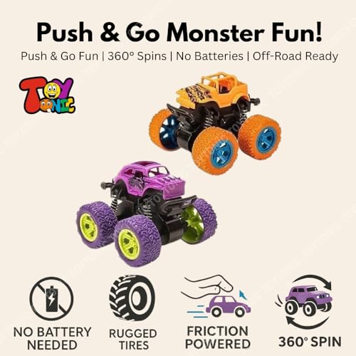 Image of TOYTONIC 4x4 Mini Monster Trucks for Kids - Push & Go Friction Powered Cars | 360 Stunt Spin Action | Pack of 2 Off-Road Vehicles | Toy Cars for Boys Ages 3-8 | Birthday Gift (Colors May Vary)