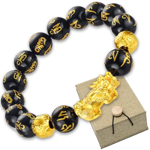 Feng Shui Obsidian Bracelet - 24k Gold Plated Pixiu Bracelet Dragon Protection for Men Women, 12mm Mantra Prayer Beads Bracelets Meaning to Attract Wealth and Good Luck