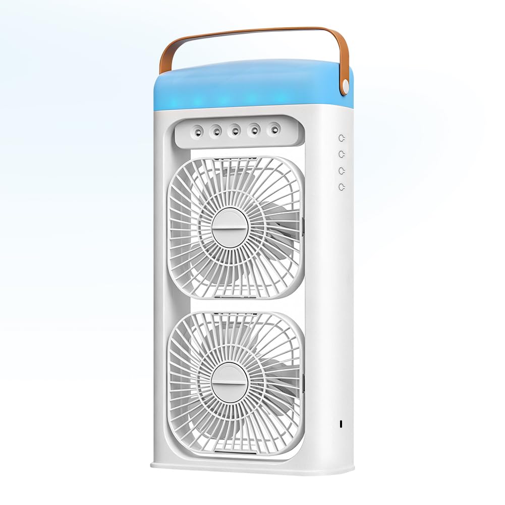 4 in 1 Tragbare Klimaanlage Fan Mit Nebelspray,Doppelventilator 3-Stufig Einstellbar Klimaanlage Mobil Mit 1-4Timer-Funktion,Farbwechselndes Nachtlicht,T-C-Aufladung Luftkühler für Zuhause,Büro