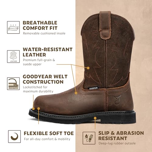 Image of J's.o.l.e Men's Cowboy Work Boots Leather Goodyear Welt Non-Slip Rubber Outsole Round Toe Pull-On Brown - Steel Toe & Soft Toe Options