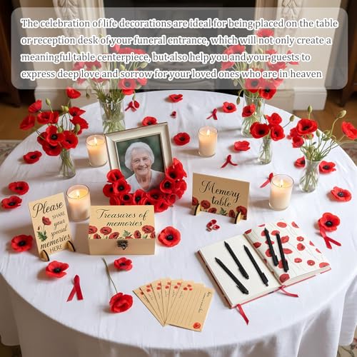 Image of Gilprop 112 Pcs Celebration of Life Memory Cards Set Share a Memory Cards with Box 2 Wood Sign with 4 Hold and 5 Pens, Sympathy Memorial Gifts Funeral Keepsake Decorations (Poppy)