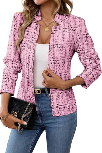 ELLEVEN Womens Blazer Business Casual Suit Jacket Tweed Blazers for Women Slim Fit Fitted Long Sleeve Stand Collar Blazer Dressy Full Lining Coat Cardigan with Padded Shoulder Light Pink Large