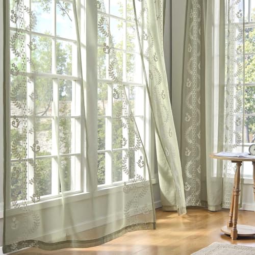 Image of jinchan Floral Sheer Curtains, Back Tab 50x63 Inch, 2 Panels Green