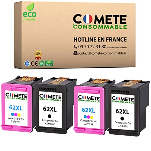 Cartouches HP 62 XL haute capacité COMETE Grand Volume d'Impression Pack de 4