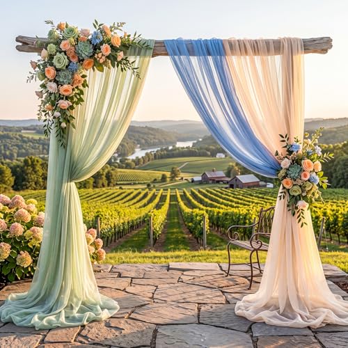 Image of Sage Green and Dusty Blue Wedding Arch Draping Fabric 3 Panels 2.46 x 20 FT Sheer Chiffon Backdrop in Blue, Green, and Champagne for Wedding Ceremony, Birthday, and Outdoor Party Decoration