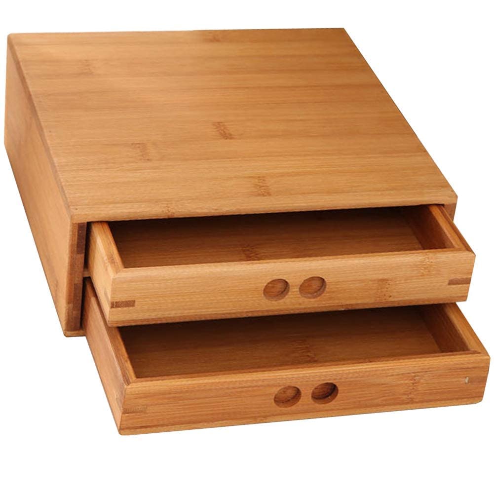 Caja de bambú para tartas de té Puerh con cajón, organizador de almacenamiento de té Pu Erh para amantes del té Pu Erh para soporte y almacenamiento B-P-H-1 (2 cajones)