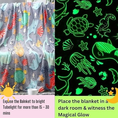 Image of Happy Hues Ocean Glow in The Dark Blanket-200 x 150 cm- Super Soft Fluffy Flannel Fleece All Season Blanket for Babies-Toddlers-Kids & Teens Boys & Girls- Best Gifting Ideas for 0-15 Years