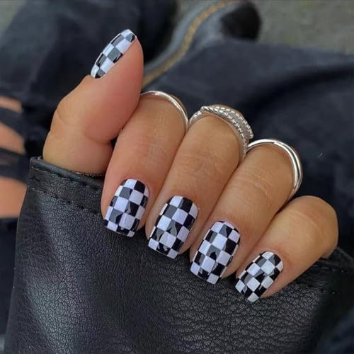 24 Pcs Short Press on Nails Black and White Checkerboard Fake Nails Square Acrylic Glossy False Nails Design Artificial Reusable Glue on Nail Short Coffin Stick on Nails for Women Girls