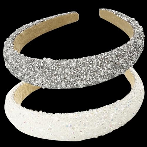 GIYAWA 2Pieces Rhinestone Headbands Sparkly Pearl Beaded Wide Hairbands