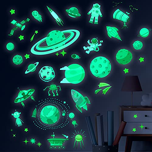 Glow in The Dark Space and Planet Solar System Wall Stickers, Glowing Stars Sticker for Ceiling, Astronaut Rocket Spacecraft Alien Wall Decals for Home Bedroom Kids Room Party