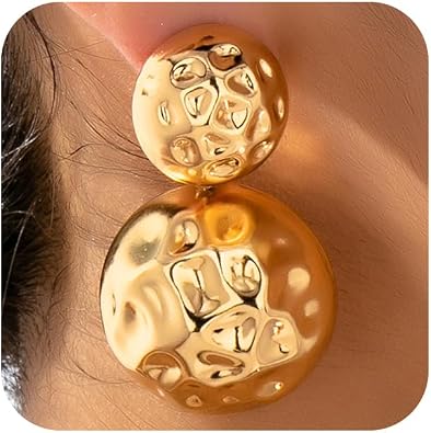 Chunky Gold Silver Teardrop Dangling Earring for Women, Large Retro Hammered Double Water Drop Dangle Earrings Fashion Hip Hop Party Prom Jewelry Gift