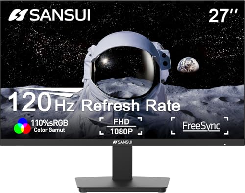 SANSUI Monitor 27 inch 120Hz 1080P Computer Monitor FHD, HDMI DP Ports 110% sRGB HDR Tilt...