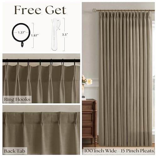 Image of Pinch Pleated Linen Extra Wide 100 Inch Wide 108 Inch Curtains Light Brown | Wide Window, Room Divider, Light Filtering, Patio Curtains, for Sliding Door, Extra Long, Balcony, Floor to Ceiling, 1 Panel