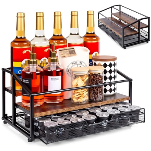 kimilus Coffee Syrup Rack Organizer, 3-Tier 10 Bottle Syrup Rack with 35 K Cup Darwer for Coffee...