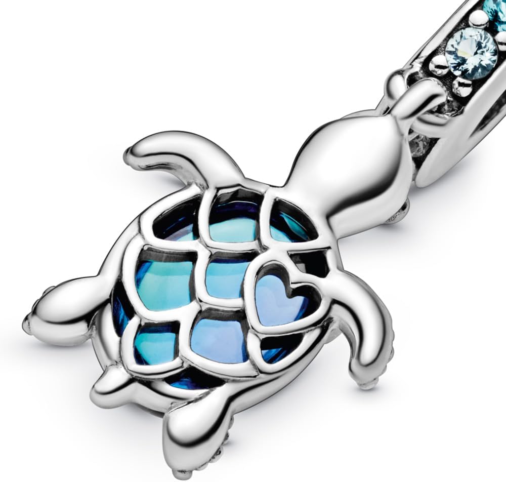 PANDORA Murano Glass Blue Sea Turtle Dangle Charm - Compatible Moments Bracelets - Jewelry for Women - Gift for Women - Made with Sterling Silver & Man-Made Crystal