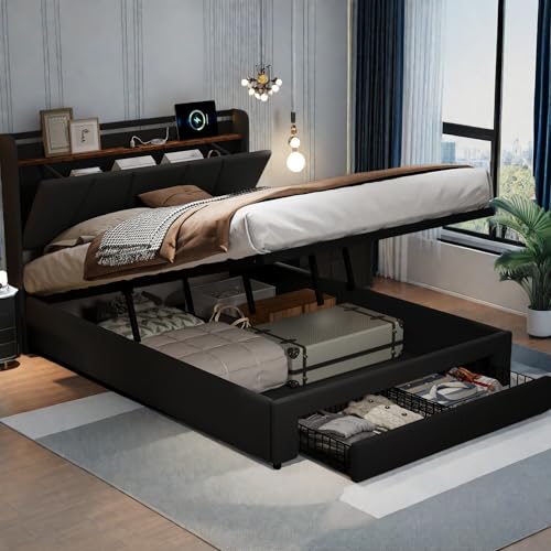 Dormely Lit Coffre 140x190 avec Sommier Hydraulique & 2 tiroirs, Cadre de lit capitonné avec Éclairage LED et Port USB, Tête lit avec étagères Ouvertes et...