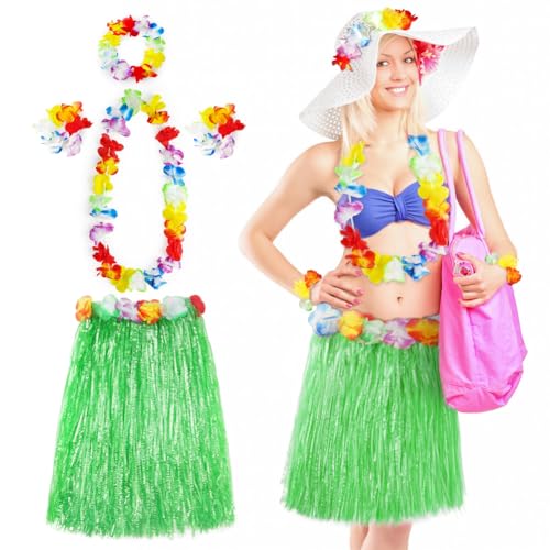 Aomig Disfraz Hawaiana Falda de Paja, 5 Pcs Set Hawaiano con