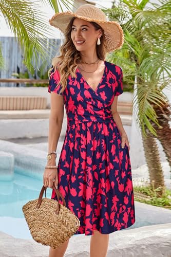Image of OUGES Maternity Nursing Dress Breastfeeding Short Sleeve V Neck Casual Pregnancy Clothes with Pockets