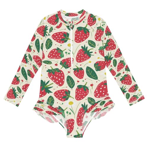 Strawberry Girls Long Sleeve Swimsuits One Piece Zipper Bathing Suit UPF 50+ Rashguard Swimwear