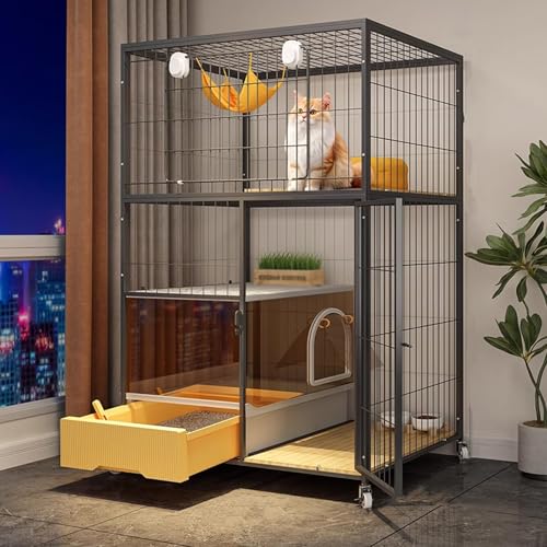 猫 ケージ 大型 トイレ付き 猫ケージ2段 キャスター付き 金属製猫小屋 簡単に移動可能屋内用2/3/4段猫用エンクロージャ アクセサリー付き(Black,76*56*126cm)