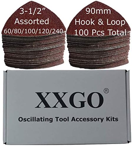 XXGO 100 Pcs 3-1/2 Inch 90mm Triangular 60/80 /100/120 /240 Grits Hook & Loop Multitool Sandpaper for Wood Sanding Contains 20 of Each Fit 3.5 Inch Oscillating Multi Tool Sanding Pad XG9020