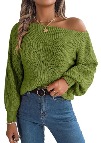 SEAUR Jersey con Hombros Descubiertos para Mujer Suéter de Punto con Cuello Barco Camiseta de Manga Larga Sudaderas Tops Sexy Otoño/Invierno Verde S