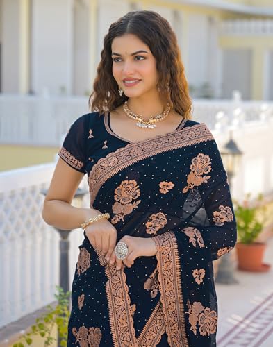 Image of SIRIL Women's Georgette Embroidery Saree With Unstitched Blouse