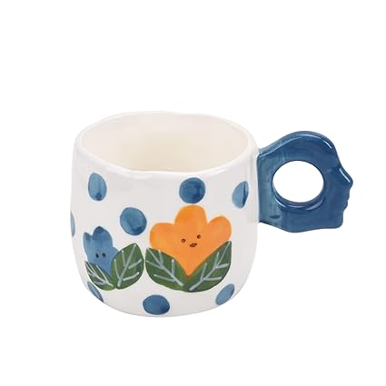 Koythin Ceramic Coffee Mug, Cute Creative Cup Unique Irregular Design for Office and Home, Dishwasher and Microwave Safe, 11.5oz/350ml for Latte Tea Milk (Orange Blossom on White)