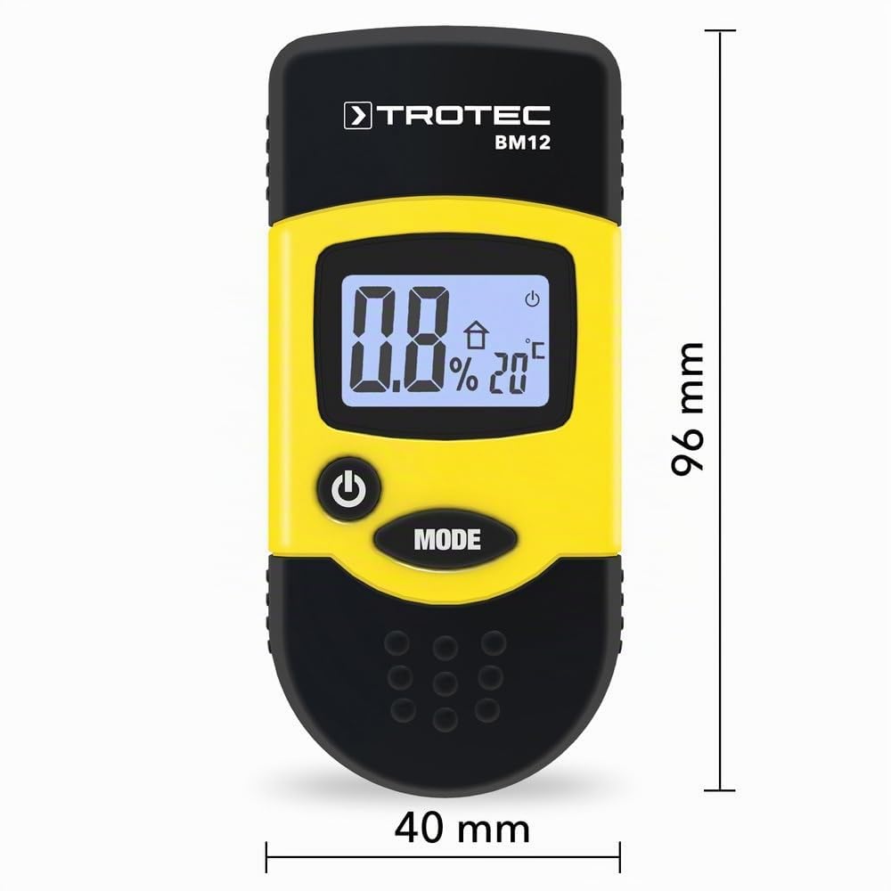 TROTEC BM12 Humidimètre - Testeur d'humidité à broches professionnel, compact, écran lumineux rétro-éclairé - pour bois de chauffage, matériaux divers
