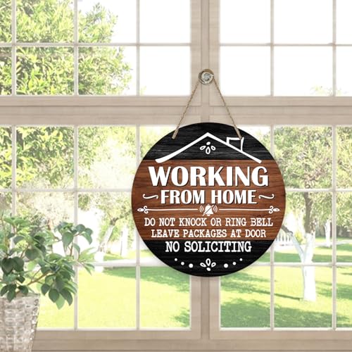 Image of Deroro No Soliciting Front Door Sign, Working from Home Wood Door Hanger Outdoor Outside Porch Decor, Please Do Not Knock Farmhouse Rustic Wooden Wreath Indoor Wall Hanging Decoration