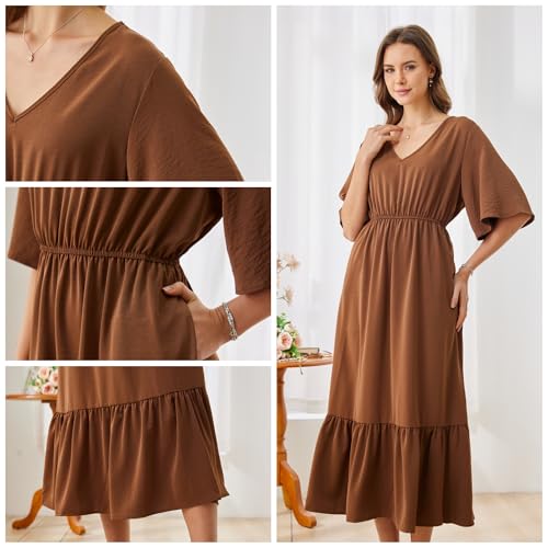 Image of Women's Summer Short Sleeve Maxi Floral Flowy Dresses with Pockets