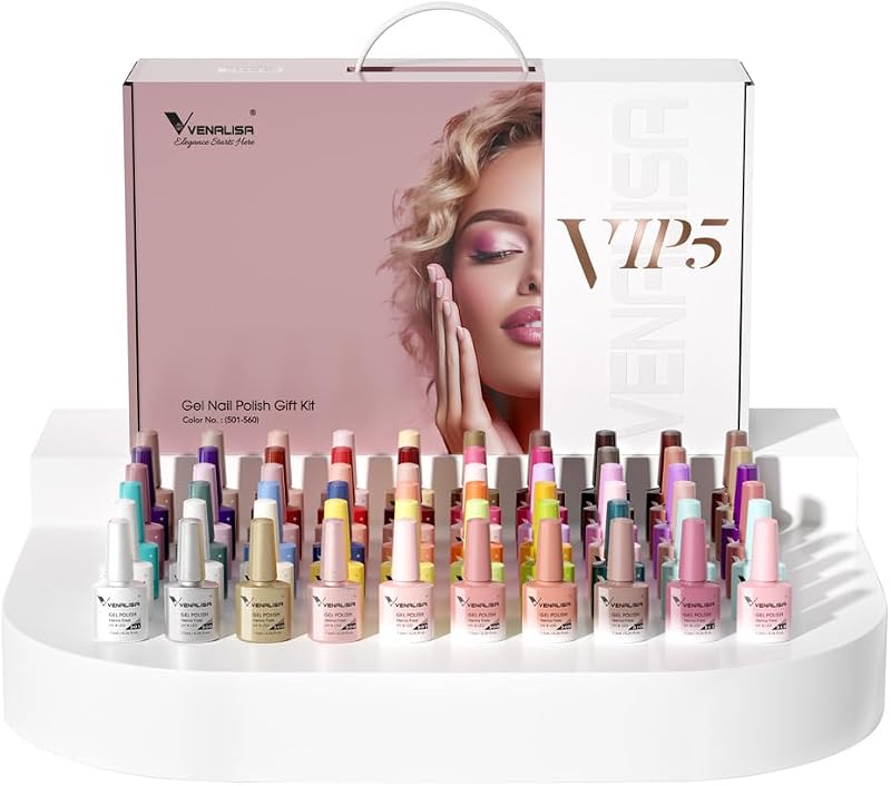 VENALISA VIP5 65PCS Gel Nail Polish Set, 60 Colors Glitter Jelly White Nude Pink Red Green Brown Gel Polish Kit with Base Top Coat Nails Manicure Salon at Home