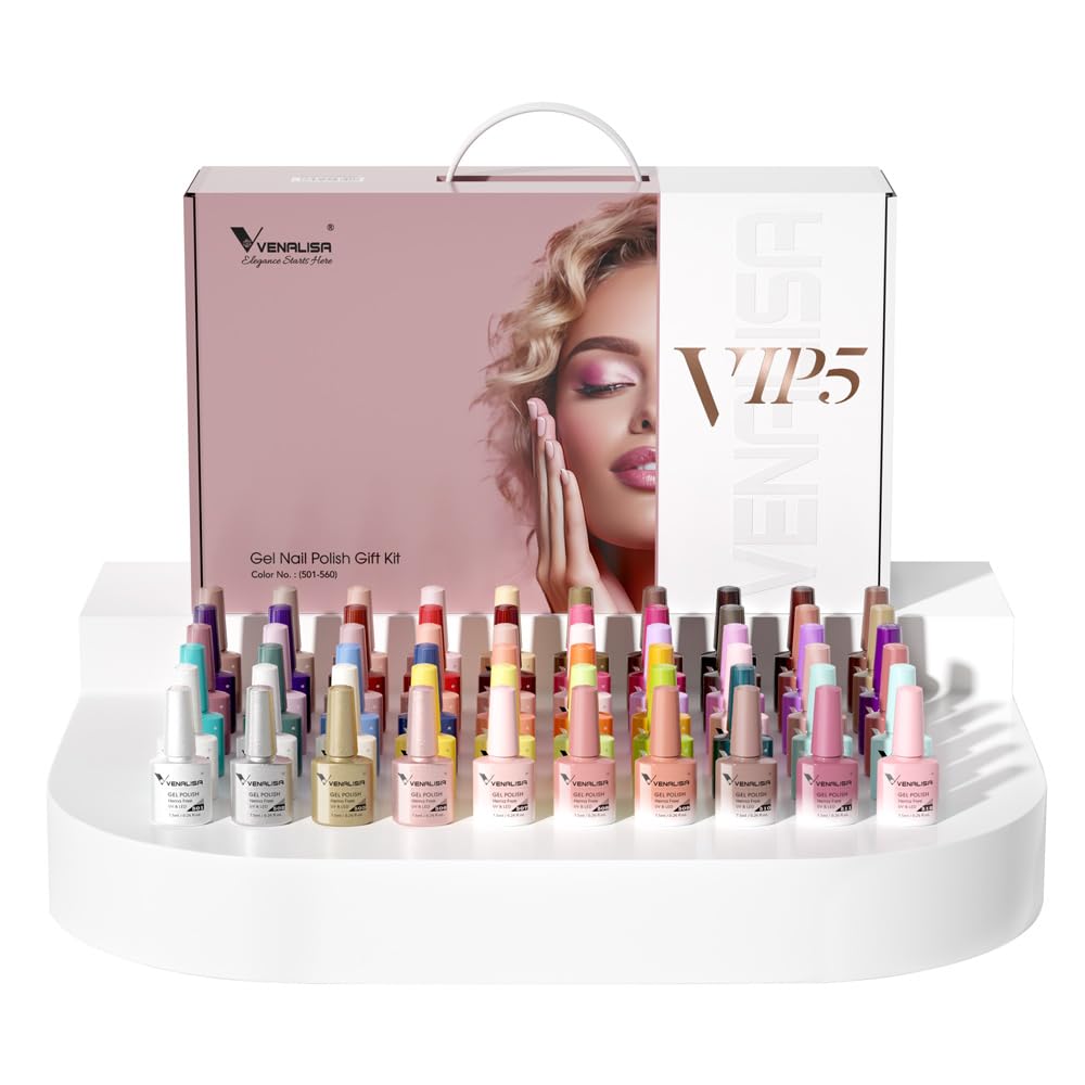 VENALISA VIP5 65PCS Gel Nail Polish Set, 60 Colors Glitter Jelly White Nude Pink Red Green Brown Gel Polish Kit with Base Top Coat Nails Manicure Salon at Home