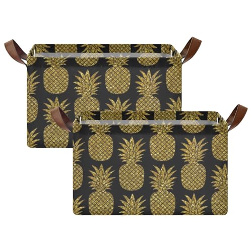 Seamless Pattern with Gold Glitter Pineapples on Black 2PC Rectangle Foldable Frame Basket Leather Handles Storage Bin for Laundry Bathroom Organizer M 16.9 x 11.4 x 10 inch