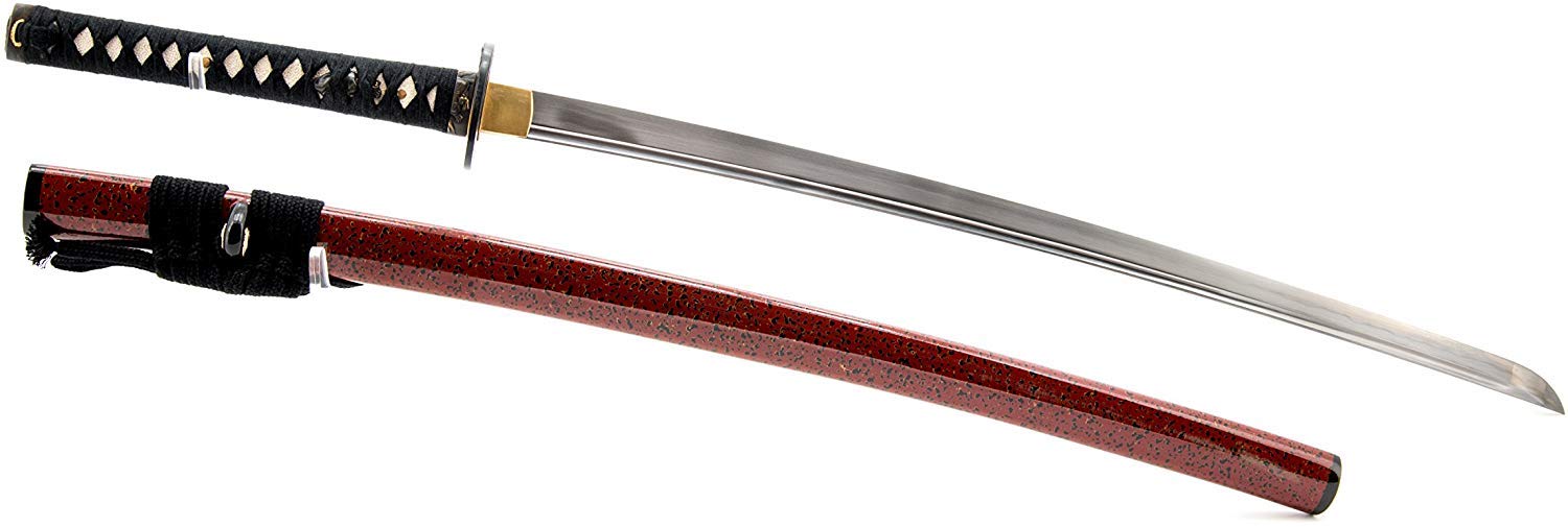 Handmade Sword - Fully Functional Samurai Katana Sword, 1045 Carbon Steel, Hand Forged Clay Tempered, Full Tang, Sharp, Turtle Copper Tsuba, Red Scabbard with Bubble Patern, Certificate