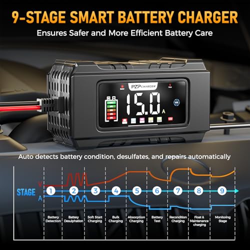 PZP 15-Amp 12V/24V Smart Battery Charger, Maintainer & Trickle Charger for LiFePO4, Lead Acid Batteries - Fully Automatic 9-Stage Charging w/Temp Compensation for Motorcycle Car Truck Lawnmower Boat