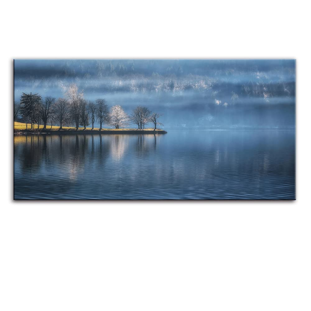 Beautiful Landscape Wall Art Decor of Navy Blue Calm Lake Painting,Bedroom Wall Art Of Foggy Forest & Morning Fog Mountain,Waterproof Wall Artwork Of Natural Scenery,Canvas Picture Inner Frame(24x48)