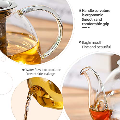 SULIVES Glass Teapot with Stainless Steel Infuser & Lid, Borosilicate Glass Flower Tea Kettle Stovetop Safe, Blooming & Loose Leaf Teapots, 34 oz / 1000 ml (800ML, Clear)