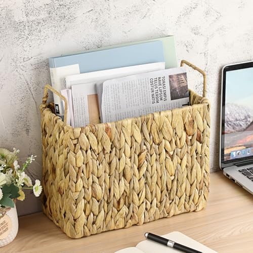 BSTKEY Natural Water Hyacinth Magazine File Holder with 2 Handles, Handwoven Newspapers Storage Basket Folder Mail Organizer Bin Tabletop Book Rack Holder for Home Office - Image 2